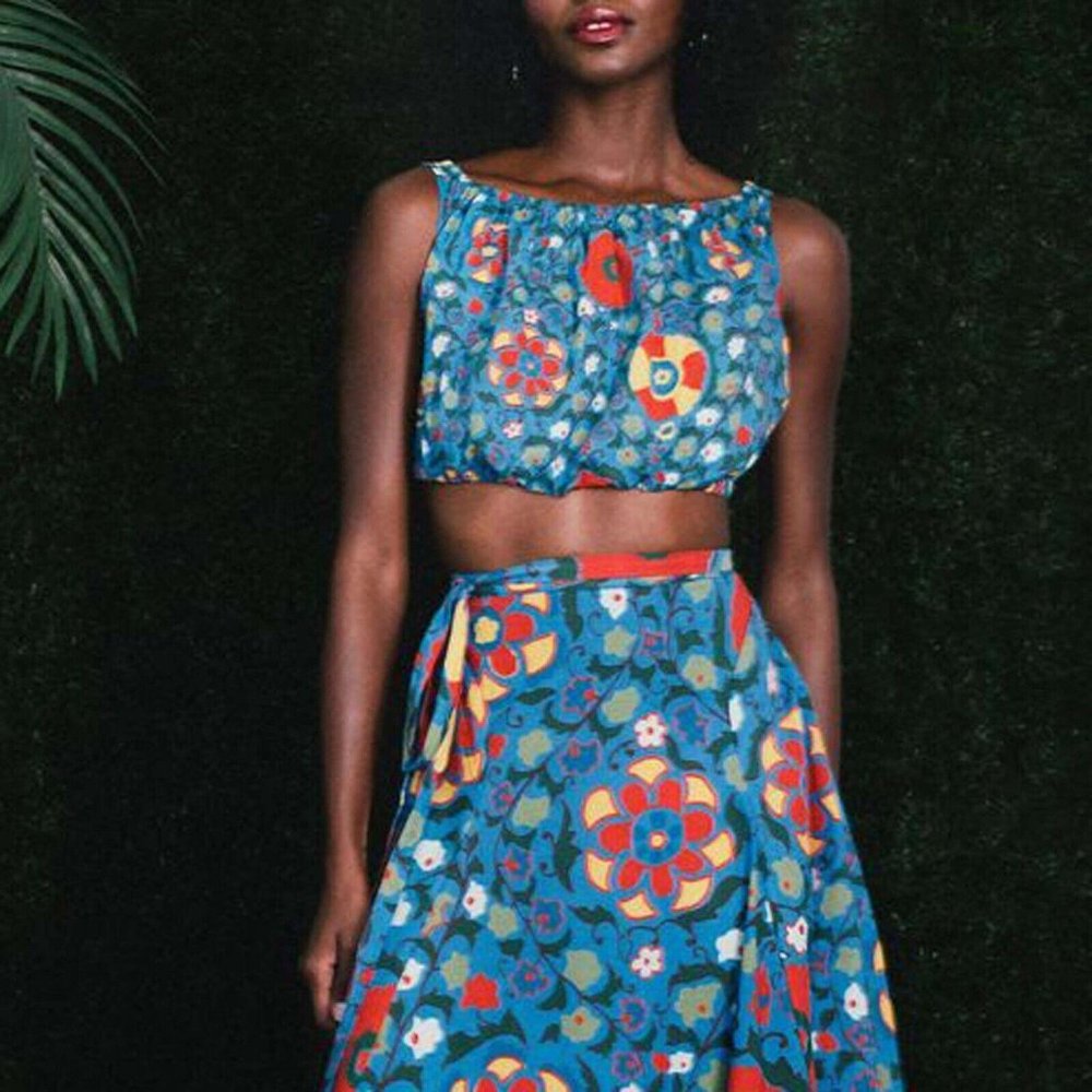 RHODE Blue Floral Crop Top with Red & Yellow Accents